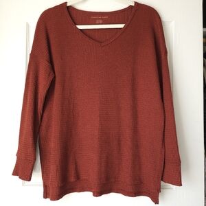 American Eagle Red Waffle V Neck Drop Shoulder Long Sleeve Top